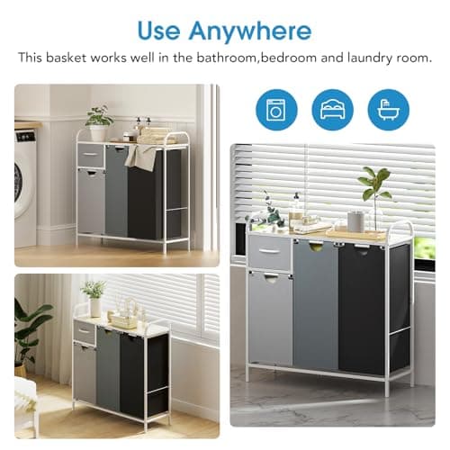 Yecaye Laundry Sorter 3 Section, Laundry Hamper with Shelf and 1 Drawer, 35.7Gal(135L) Clothes Basket Organizer, Pull-Out and Removable Oxford Fabric Laundry Bags for Laundry Room, Bedroom, Bathroom 6