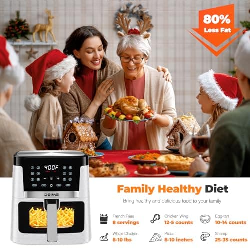 DEIME Air Fryer 7.5 QT 1700W Oilless Oven Healthy Cooker Air Fryers Large Capacity with 12 Presets, Visible Cooking Window, LCD Touch Screen, Customerizable Cooking, Non-Stick Basket (White-M) 6