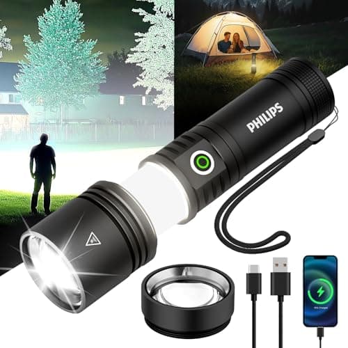 Philips Flashlights High Lumens Rechargeable with Ignition Lens,3000lm Tactical Flashlights with Camping Lamp,2 Colors Zoomable 5Modes Reverse Charging LED Bright Flashlight for Home Outdoor Gift 9