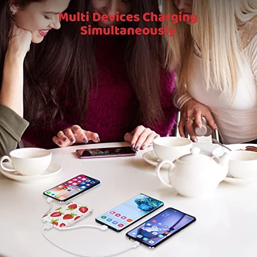 Sethruki Portable Charger 5000mAh Cute Ultra Slim USB C Power Bank for Girls Mini Fast Charging Small Battery Pack with Built in Cables for iPhone iPad Samsung Pixel Android Phones,Strawberry 5