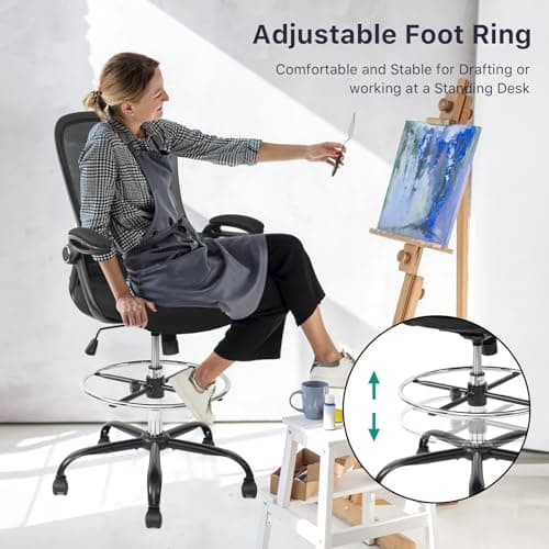 HYLONE Drafting Chair Tall Office Chair High-Back Mesh Standing Desk Stool with Adjustable Footrest Ring and Flip-Up Arms (Black) 6