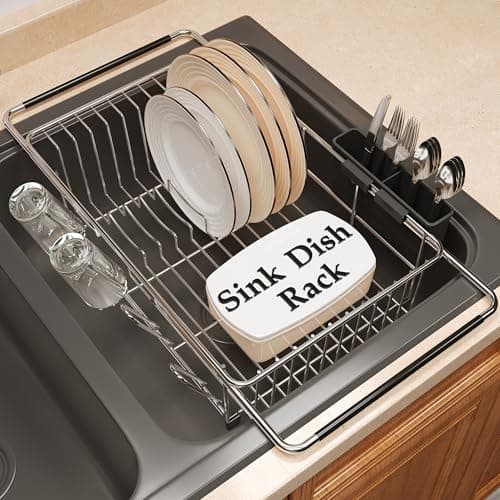 Over the Sink Expandable Dish Drainer Drying Rack In Stainless Steel for Small Kitchen, Counter Space Saving Modern Compact Metal Above Plate Dryer Strainer, Adjustable Hanging Inside Drain Holder