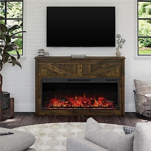 Ameriwood Home Farmington 49 Inch Electric Fireplace with Mantel, Replaceable Fireplace Insert Heater. Remote Control, Timer, Realistic Log and Flame Effect, Century Barn Pine 6