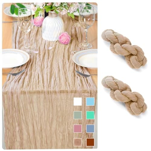 VOCUNG 2 Pack Cheesecloth Table Runner, 10ft Wedding Table Cloth Romantic Boho Sheer Table Runner, 35x120 Inch Vintage Bridal Baby Shower Birthday Party Table Decor, Beige