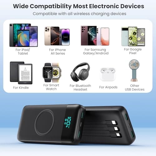 Wireless Portable Charger 40800mAh with 3 Built-in Cables,7-in-1 15W Wireless Charging Power Bank,25W PD QC 4.0 Fast Charging USB C Travel Essentials Battery Pack for iPhone 17/16/15/14,Galaxy,Android 6