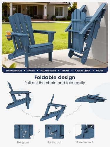 KINGYES Folding Adirondack Chair, HDPE All-Weather Patio Chairs with Cup Holder, Wooden Textured Fire Pit Chairs for Poolside, Backyard, Deck, Navy 6