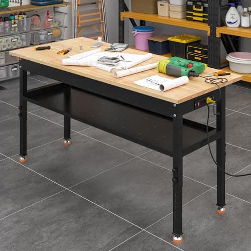 48"/60'' Adjustable Workbench, Rubber Wood Top Work Bench Heavy-Duty Work Table w/Power Outlet, Partition,2000 LBS Load Capacity Work Benches for Garage, Workshop, Home, Office, Easy Assembly 6