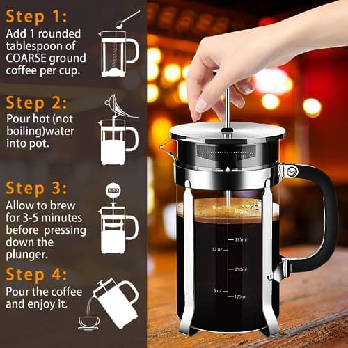 YMMIND French Press Coffee Maker 304 Stainless Steel Coffee Press,with 4 Filters System, Heat Resistant Thickness Borosilicate French Press Glass, BPA-Free Brewed Tea Pot Coffee Plunger(Copper 12oz) 5