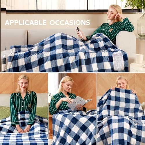 Electric Heated Sherpa Buffalo Plaid Christmas Throw Blanket with 8 Heating Levels & 8 Hours Auto Off, Fast Heating Warm Plush Washable Blanket with Over-Heat Protection, ETL Certification, Blue 6