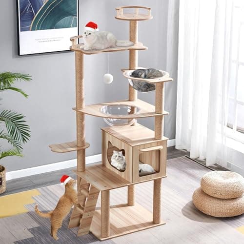 Cat Tree, 67-Inch Tall Modern Cat Tower for Large Indoor Cats, Multi-Level Cat Condo with Cat's nest, 2 Hammocks, 15 Scratching Posts, Cat Jumping Platform, Toys