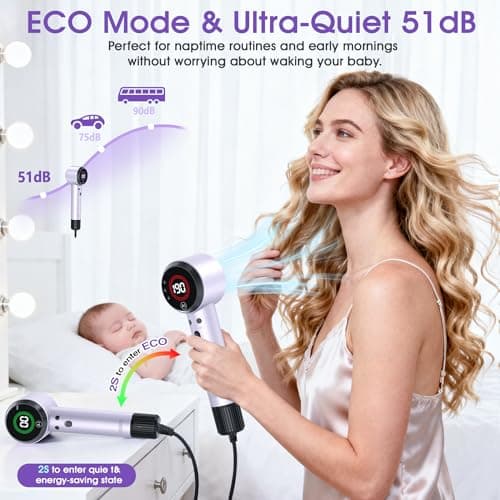 Ionic Hair Dryer with Auto-Adjusting Sensor,AI Hair Dryer with Magnetic Diffuser,160000 RPM High-Speed Hair Blow Dryer for Fast Drying,Compact Blow Dryer with 500M Plasma,Blow Dryer for Women(Purple) 7