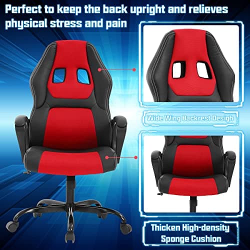 Gaming Chair PC Computer Chair Office Chair for Adult Teen Kids, Ergonomic PU Leather Gamer Chair with Lumbar Support High Back Adjustable Rolling Swivel Desk Chair, Red 5