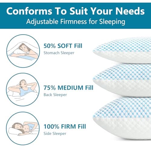 KELTARO Firm Shredded Memory Foam Pillows Queen Size Set of 2 Pack, Adjustable Cooling Bed Pillow for Side Back Sleepers with Washable Removable Cover 5
