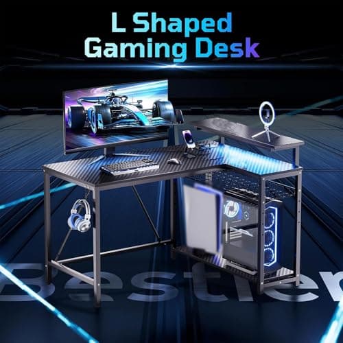 Bestier Gaming Desk with Power Outlets, 42" L-Shaped Computer Desk with LED Lights, Desk with Reversible Storage Shelves & Hooks for Small Spaces, Bedrooms & Offices, Black Carbon Fiber 5