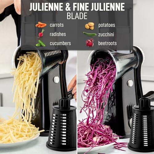 Zulay Kitchen Rotary Cheese Grater 5 Blade Cheese Shredder - Manual Hand Crank Cheese Grater With Reinforced Suction & 5 Interchangeable Drums - Easy to Use, Vegetable Chopper Round Mandoline Slicer 6