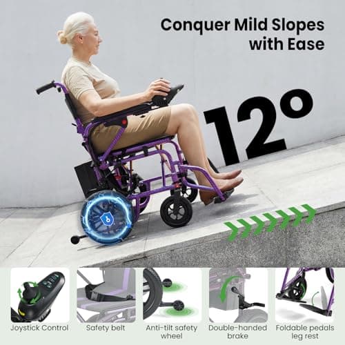 Electric Wheelchairs for Adults，Lightweight Foldable Wheelchair 15 Miles Long Travel Range, 360° Joystick Control Motorized Wheelchair, Support 286 lbs with LED Light Power Wheelchair (Purple) 6