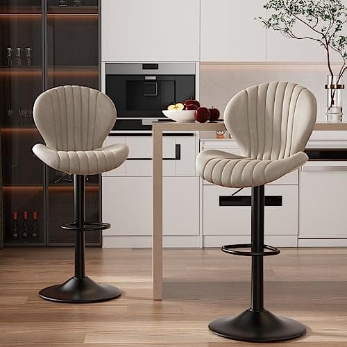 Nalupatio Modern Bar Stools Set of 2, Adjustable Fabric Upholstered Swivel Bar Chairs, Counter Height Barstools with High Backrest, for Bar Kitchen Island, Dining Room, Beige