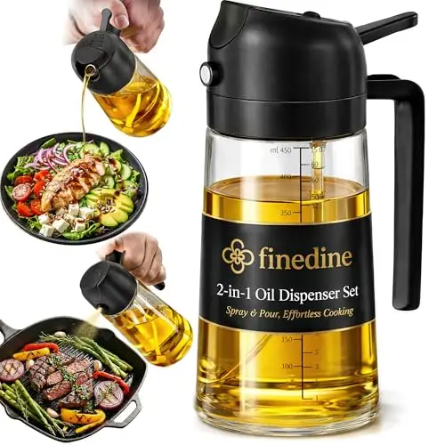 FineDine 16oz Olive Oil Sprayer for Cooking, 2 in 1 Olive Oil Dispenser Bottle for Kitchen, Air Fryer, Salad, BBQ & Baking – Dual Spray Mist & Stream, with Measurement Marks, Black