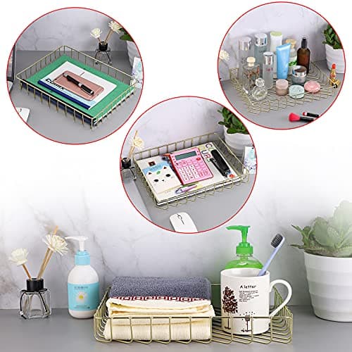 BTSKY Multipurpose A4 File Tray Wire Desk Tray Organizer Elegant Letter Size Desk Documents Trays Magazine Files Storage Basket Organizer Bin for Office Cosmetics Bathroom(Gold) 7