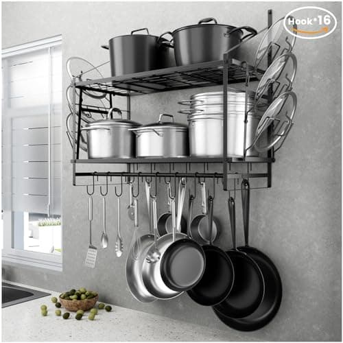 HOYRR Hanging Pot Rack Wall Mounted,30 Inch Wall Hanging Pot Rack,Pot Hangers for Kitchen Wall Mount,Pot And Pan Hanger Side Piece with 2 Pieces Pans Lids Organizer,Wall Pot Rack Hanging Rod+16 Hooks 8