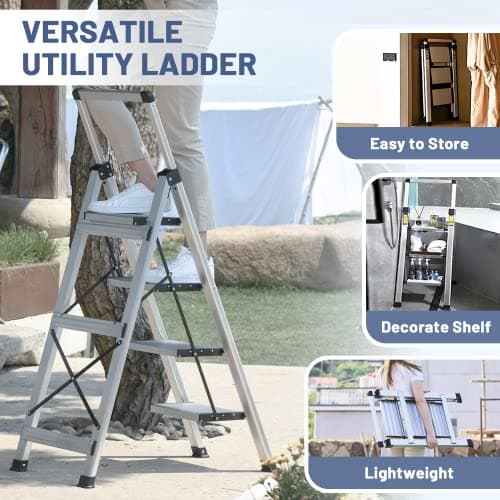 XinSunho 4 Step Ladder, Retractable Handgrip Folding Step Stool with Anti-Slip Wide Pedal, Aluminum Stool Ladders 4 Steps, 330lbs Safety Household Ladder 7