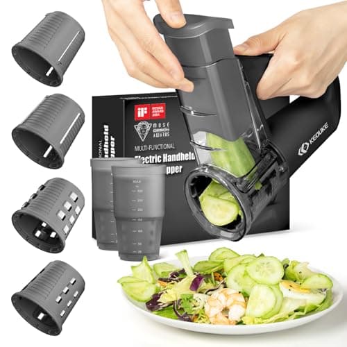 KEOUKE Electric Handheld Salad Shooter Black - Cordless Rechargeable Kitchen Vegetabler Cutter One Touch Control, Slicing, Shredding, Ice Shaving, 4 Blades, Dual Storage Cups, Overheat Protection