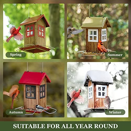 Kingsyard Cute Bird House Feeders for Outside, Hanging Metal Bird Feeder with 4 Ports, Outdoor Garden Yard Decorations for Cardinals Finches Chickadees Goldfinches & Sparrows Birds Watching 6