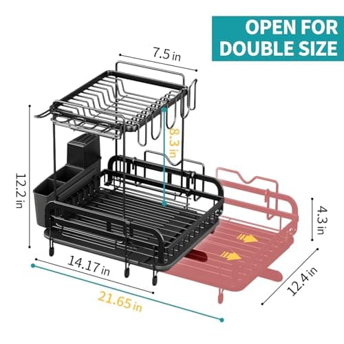 Urackify 2 Tier Dish Drying Rack, Expandable Dish Rack, Extandable Dish Drainer for Kitchen Counter with Drainboard, Plate Rack Organizer with Utensil Holder, Wine Glass Holder, Black 8