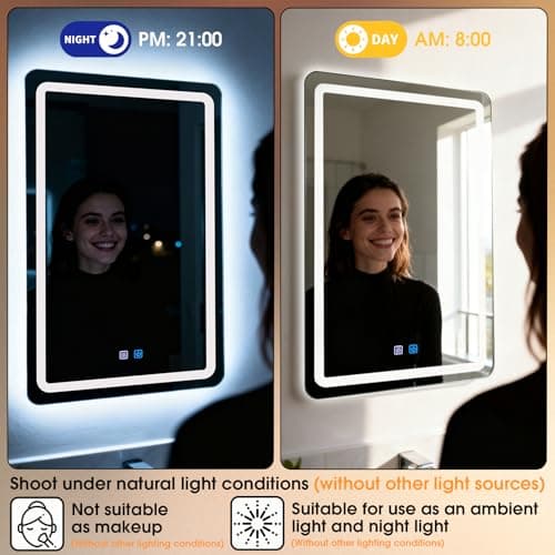 LED Bathroom Mirror, 16 x 24 Inch Anti-Fog Bathroom Mirror with Lights, Stepless Dimmable Lighted Bathroom Mirrors for Wall, Rectangle Bathroom Vanity Mirror with Front and Backlight, Vertically Only 6