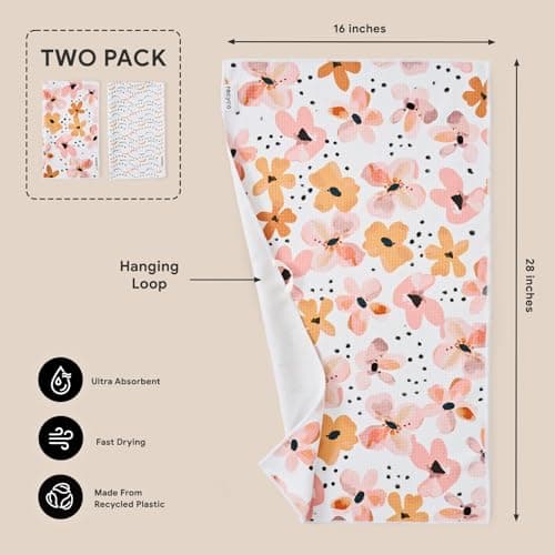 RECYCO Waffle Kitchen Towel Set of 2 - Quick Dry Microfiber Sustainable Dish Towels - Ultra Absorbent Reusable Cleaning Tea Towels - Lightweight Hand Towels,16”x 28”, Blossom Breeze 6