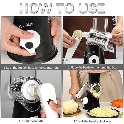 Cambom Rotary Cheese Grater Hand Crank Cheese Shredder for Fresh Cheese, Vegetable, Nuts,Non-slip Suction Base, Free Cleaning Brush Three Blades, Black 8