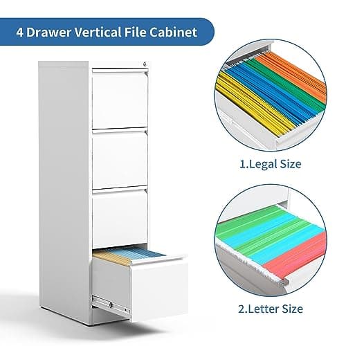 BIZOEIRON 4 Drawer Vertical File Cabinet for Home Office, Tall Metal Filing Cabinet with Lock for Legal/Letter Size Hanging File Folders, Anti-Tipping, Assembly Required (White) 6
