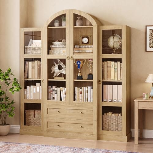 UKAOCAI 72.4" Tall Farmhouse Display Cabinet with Glass Doors,Large Wood Bookshelf with 2 Drawers & Adjustable Shelves,Arched Kitchen Pantry,for Living Room, Dining Room, Kitchen