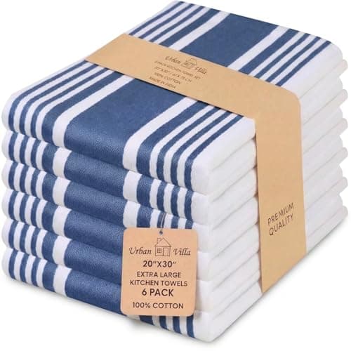 Urban Villa Kitchen Towels Blue White Striped 100% Cotton Set of 6, 20x30 Inch Oversized Dish Cloths, Highly Absorbent, Mitered Corners & Hanging Loop, Hand & Tea Towels, Dish Towels