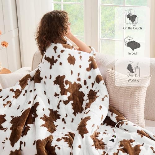 RUJIPO Cow Print Heated Electric Blanket Twin Size,62X84 Brown Heating Blanket with 10 Heats Levels & 8 Hours Auto Off,Highland Cow Fleece Sherpa Blankets Warmer Gifts for Women Adults Couch,Washable 9