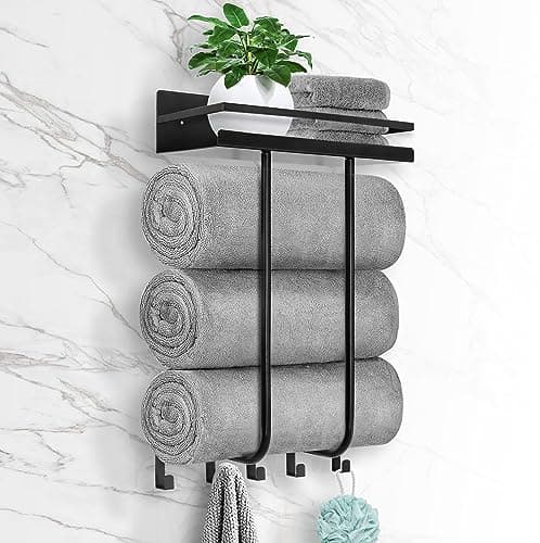 Towel Racks for Bathroom, Towel Rack Wall Mounted with Metal Shelf and 5 Hooks for Small Bathroom, Towel Holder for Bathroom, Bath Towel Storage for Rolled Towels Organizer, Black