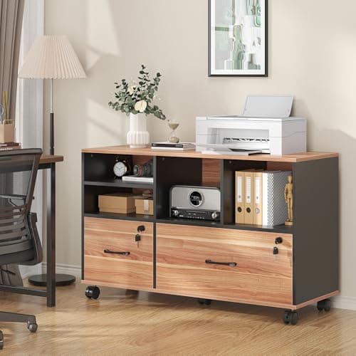 Nosepen 2 Drawer Wood Mobile Large Lateral File Cabinet with Lock, Lockable Rolling Filing Cabinet with Storage Shelves, Printer Stand Office Storage Cabinet for Home Office Fits Files Legal/A4 7