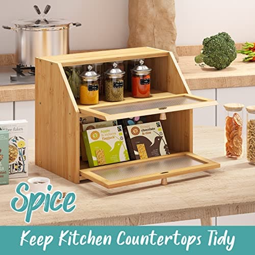 Vriccc Bread Box for Kitchen Counter, Large Bamboo Wood Double Layer Bread Box, Wooden Bread Storage Capacity 6