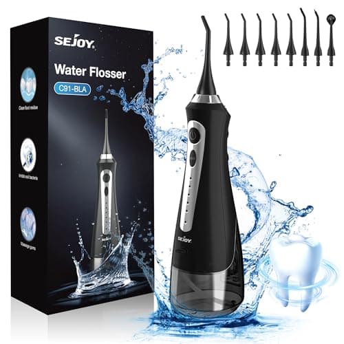 Sejoy Water Flossers for Teeth, Water Flosser Cordless Rechargeable, Water Flosser for Braces for Kids Travel, for Teeth Cleaning, 5 Cleaning Modes 8 Jet Tips, IPX7 Waterproof, 230ml