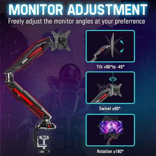 MOUNT PRO Single Gaming Monitor Stand - Mechanical Spring Display Mount, Adjustable Gaming Monitor Arm with C Clamp and Grommet Mounting Base - Fits for Computer Screen up to 32”, VESA 75x75, 100x100 5