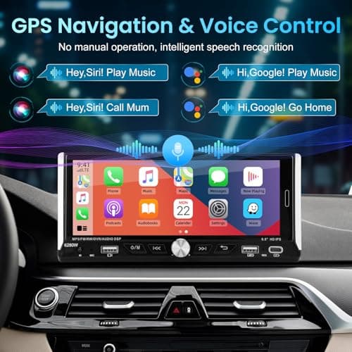Single Din Car Stereo with Wireless Apple Carplay Android Auto, 6.9" IPS Touchscreen Car Stereo with Bluetooth 5.2 Handsfree Mirror Link Backup Camera GPS Navigation Dual USB Fast Charge FM AM EQ SWC 6