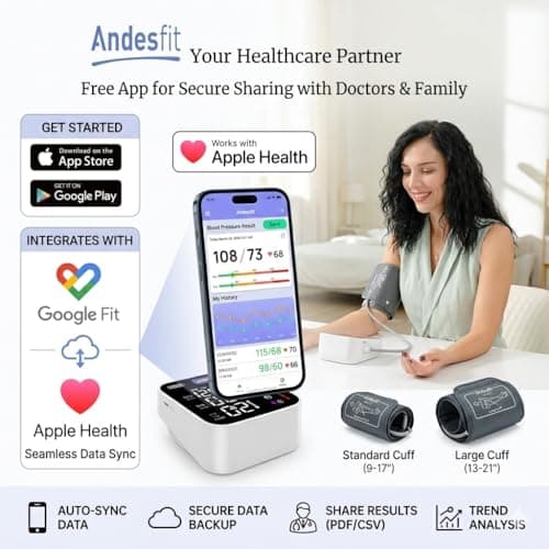 Andesfit Upper Arm Blood Pressure Monitor for Home Use 17" Large & 21" XL Extra Large Cuff Big arm, Free APP Bluetooth Sync Apple Health Track Google Fit, Large Display Smart BP Machine for Seniors 7