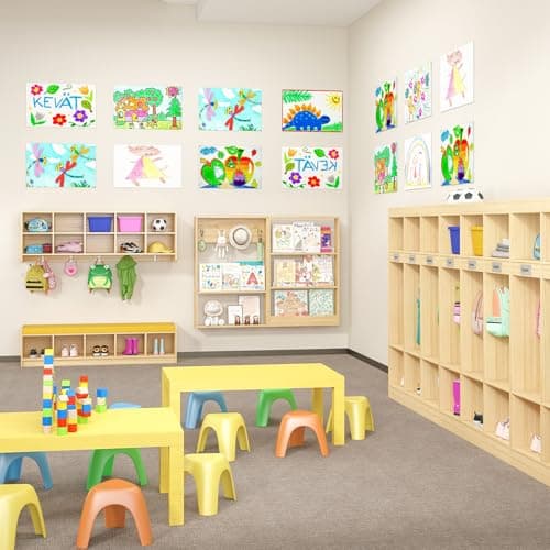 Kikihouse 3-Section Classroom Coat Locker with 6 Cubbies, Daycare Cubbies with 6 Hooks and Acrylic Mirror, Kindergarten Lockers with Raised Edges for Home, School, Nursery 7