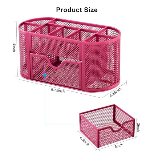 EasyPAG Mesh Pen Holder Desk Organizer with Drawer Stationery Supplies Organizer for Dorm School 9 Compartments Workspace Desk Accessories Organization for Office, Hot Pink 8