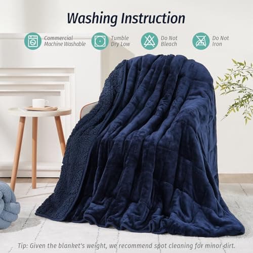 Wemore Sherpa Fleece Weighted Blanket for Adult, 15 lbs Dual Sided Cozy Fluffy Heavy Blanket, Ultra Fuzzy Throw Blanket with Soft Plush Flannel Top, 60 x 80 inches Navy Blue on Both Sides 6