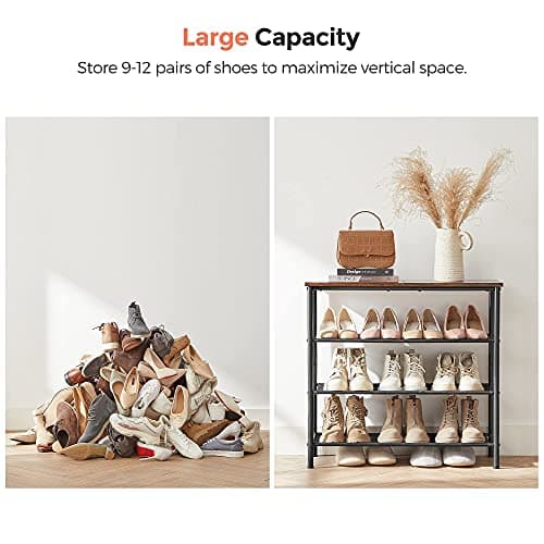 VASAGLE Shoe Rack, 4-Tier Shoe Storage Organizer for Entryway and Closet, Holds 9-12 Pairs of Shoes, 3 Fabric Shelves, Steel Frame, Industrial, Rustic Brown and Black ULBS035B01 7