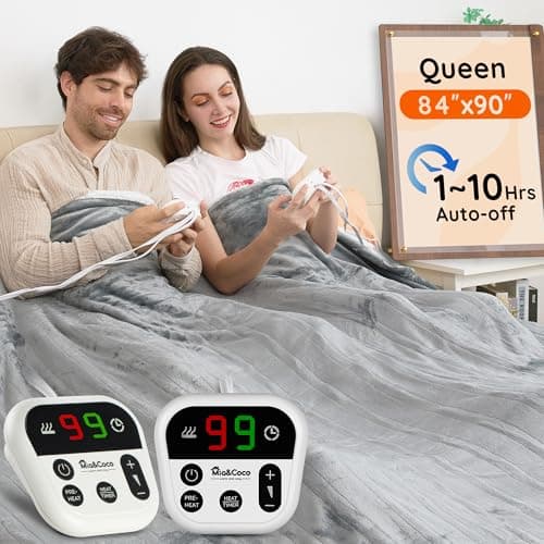 Mia&Coco Heated Blanket Queen Size -84"x90" Dual Control Flannel Electric Blanket,10 Heat Levels,10-Hour Auto-Off,Fast Heating,Overheat Protection, Soft Heating Blanket for Home and Office (Gray)