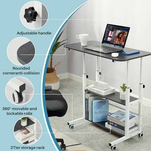BYMECOST Adjustable Height Student Computer Desk, Mobile Portable Laptop Table for Home Office, 31.5" Small Spaces Standing Desk with Storage for Bedside Study Work Game on Wheels 5