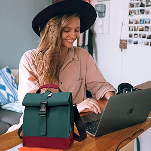 SUNNY BIRD Insulated Lunch Bag Rolltop Lunch Box Tote Lunchbox Bag for Women, Men, Adults and Teens (Green) 6