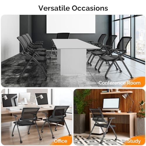 Eikyutora 1 Pack Modern Black Office Guest Reception Chairs, Ergonomic Foldable & Stackable Mesh Desk Chairs with Wheels, for Home, Office, Conference Rooms 7